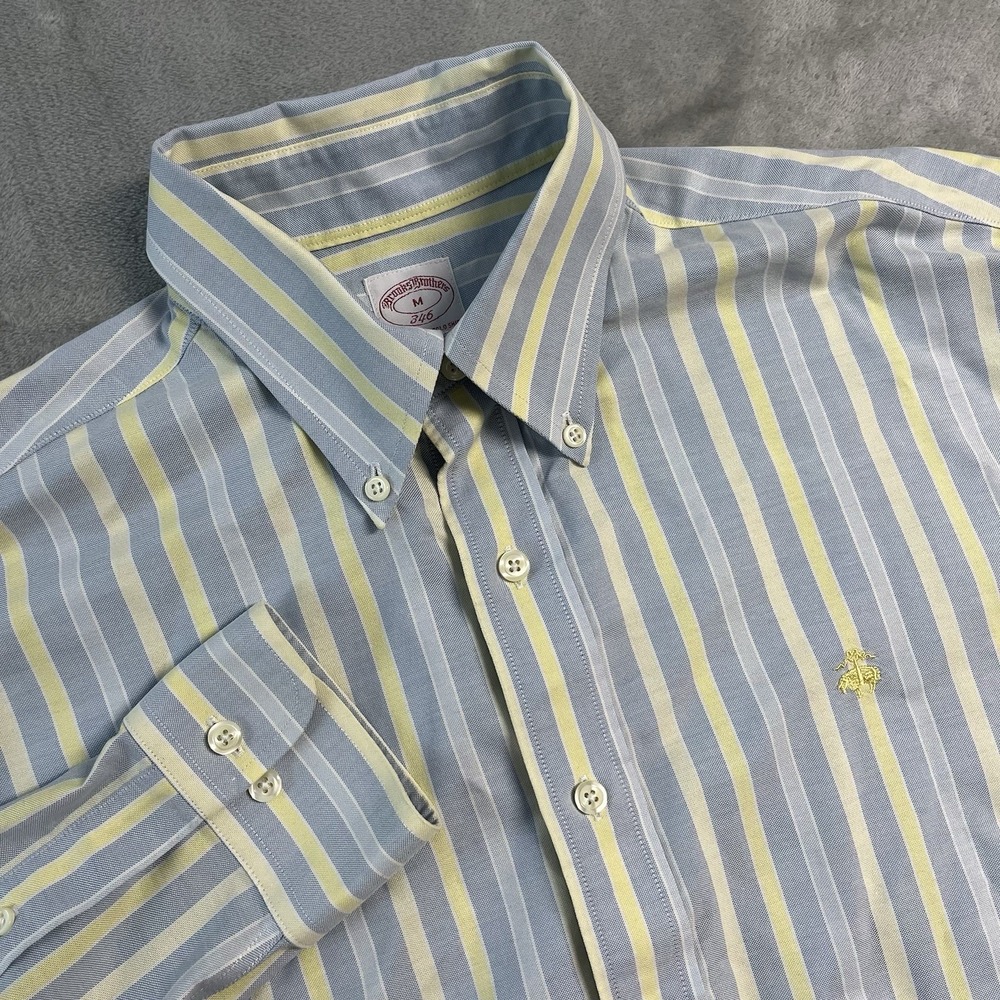Brooks Brothers 346 Button Shirt Mens M Blue Yellow Stripe Non-Iron Logo Supima